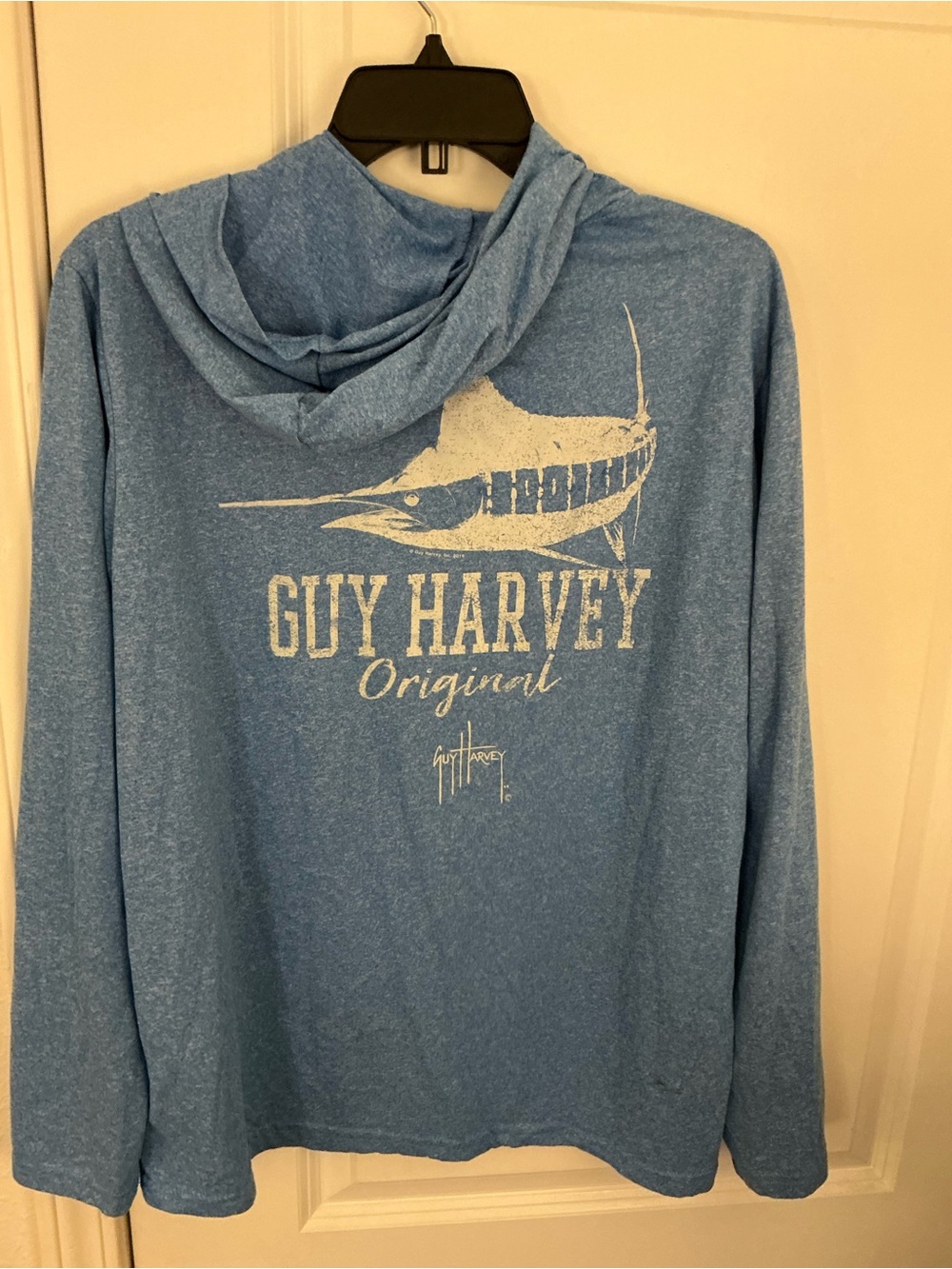 Guy Harvey Men’s Medium Hooded Fishing Shirt Blue Heather Long Sleeve